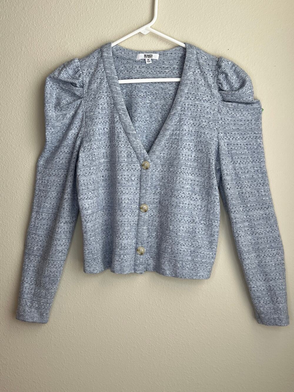 BB Dakota x Steve Madden Heather Grey Pointelle Puff Sleeve Sweater Medium